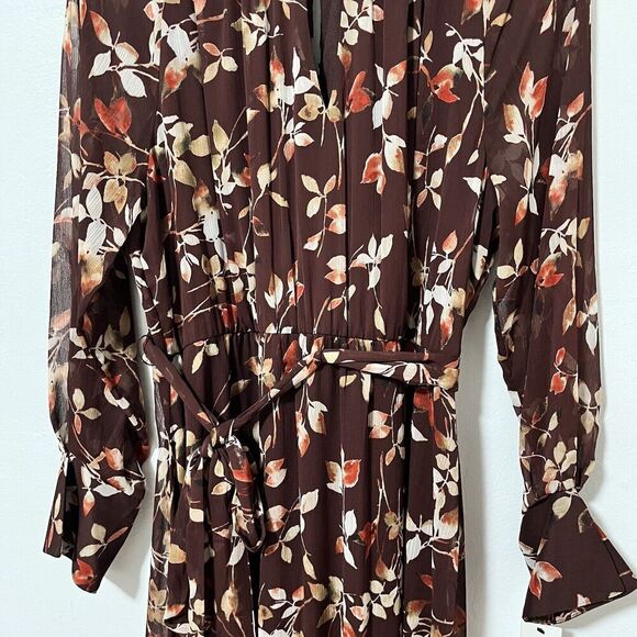Calvin Klein Printed Round Neck Midi Chiffon Dress Size 16 Syrah Multi Belted - Picture 5 of 14